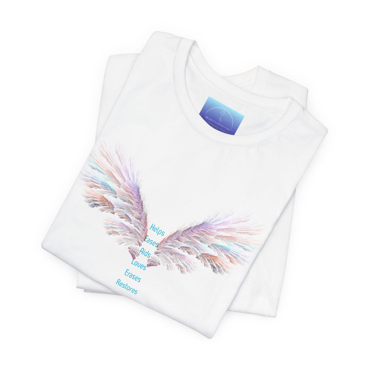 Healer Angel Wings T‑Shirt with Pastel Feather Design — Inspirational Wing Print Tee