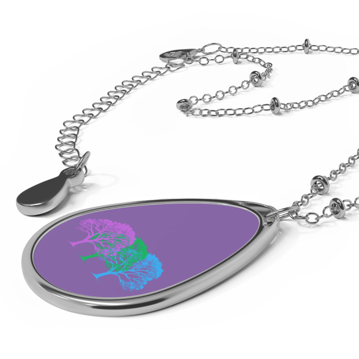 Polysexual Pride Oval Necklace — Purple Tree Trio Teardrop Pendant
