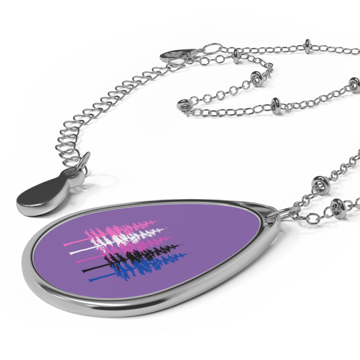 Genderfluid Pride Tree Oval Necklace — Purple Forest Teardrop Pendant