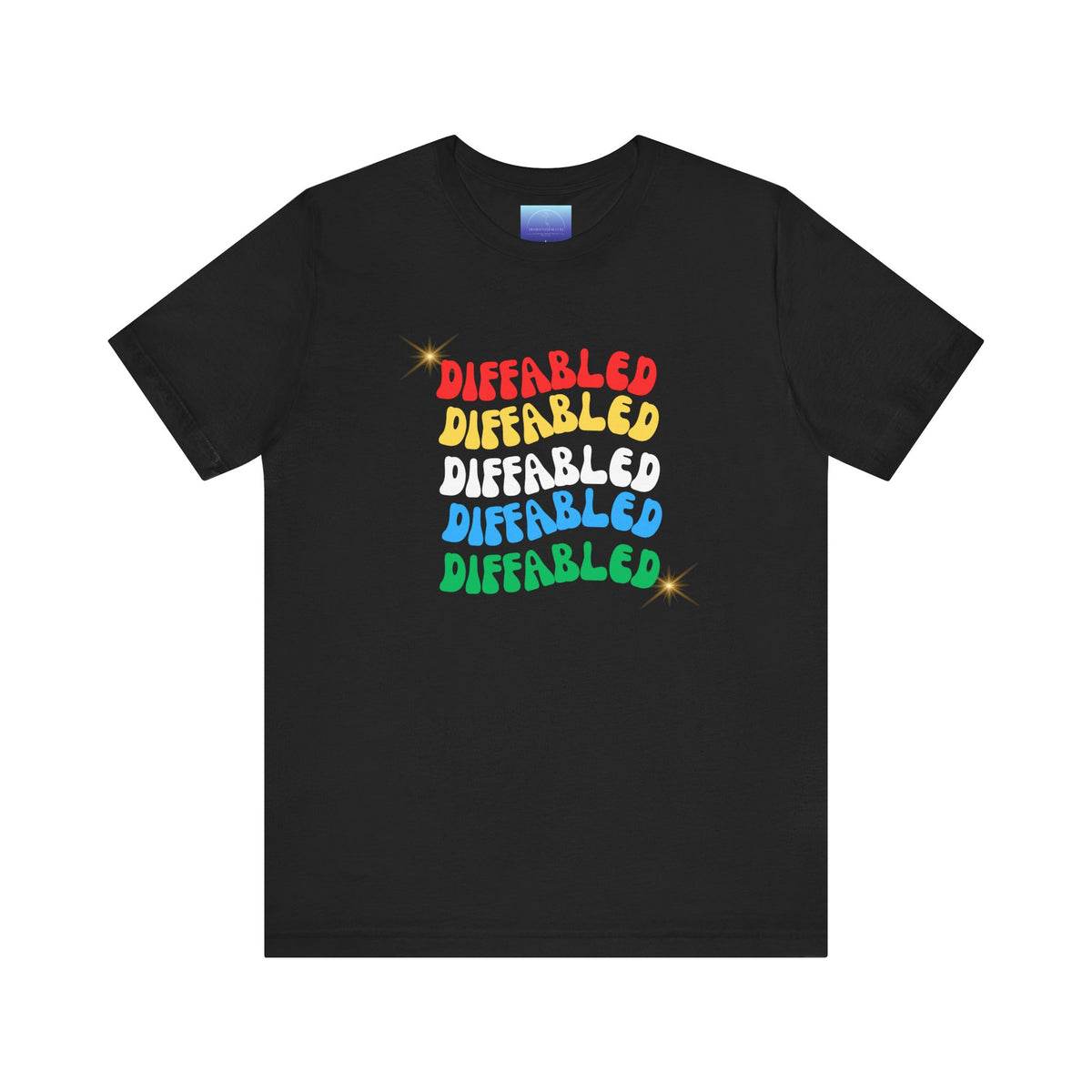 Disabled Pride Tee — Colorful Retro "Disabled" Repeat Design