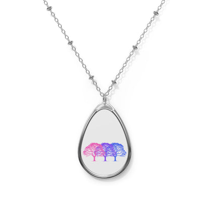 Oval Necklace — Pastel Tree Trio Teardrop Locket (Bisexual Pride Trees)