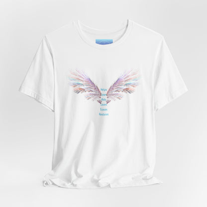 Healer Angel Wings T‑Shirt with Pastel Feather Design — Inspirational Wing Print Tee