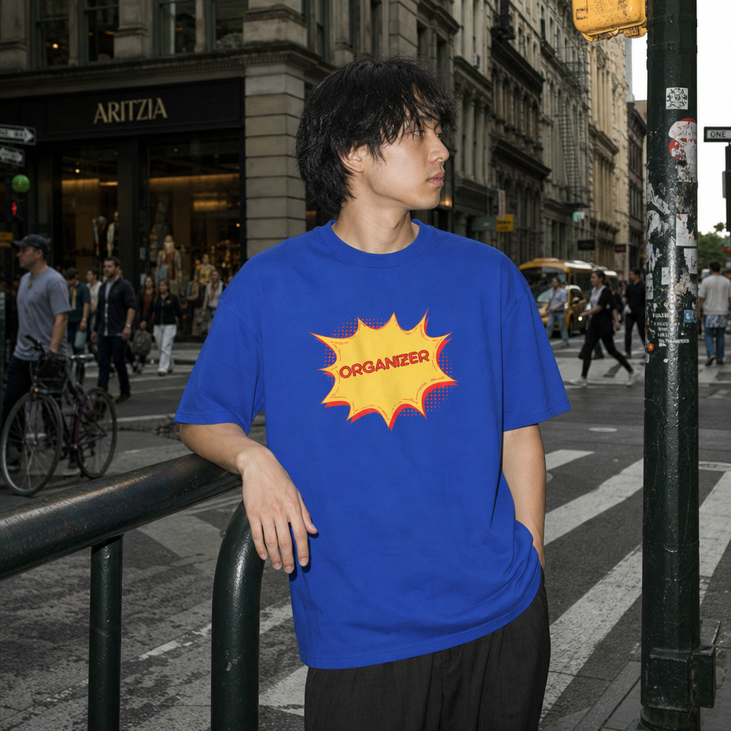 Organizer Graphic Tee — Retro Comic Burst Design