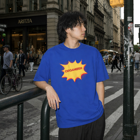 Organizer Graphic Tee — Retro Comic Burst Design