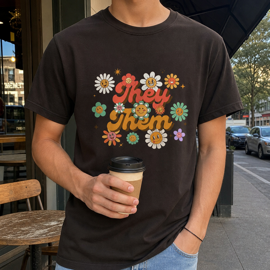 They/Them Pronoun Floral Tee — Retro Daisy LGBTQ+ Pride Shirt