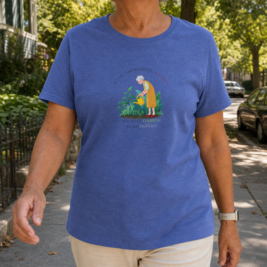 Octogenarian Gardener Tee — "Gardens in her Eighties" Plant Lover Shirt