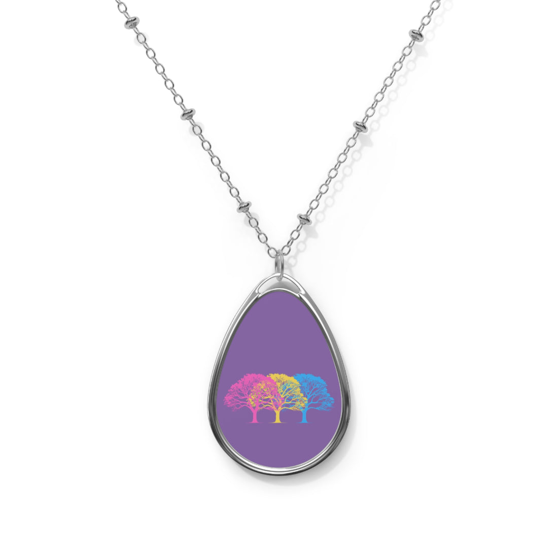 Pansexual Pride Tree Oval Necklace — Rainbow Woodland Pendant