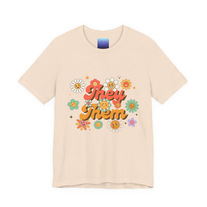 They/Them Pronoun Floral Tee — Retro Daisy LGBTQ+ Pride Shirt
