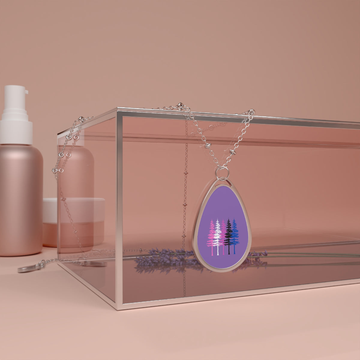 Genderfluid Pride Tree Oval Necklace — Purple Forest Teardrop Pendant
