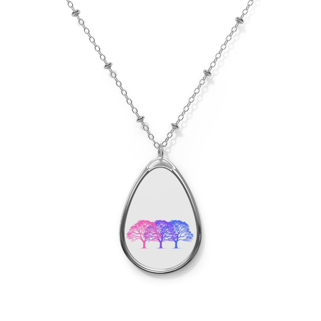 Bisexual Pride Tree Oval Necklace — Gradient Pink-to-Blue Pendant