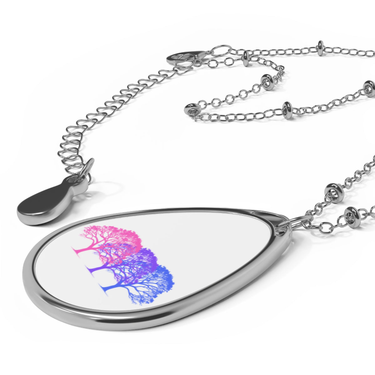 Bisexual Pride Tree Oval Necklace — Gradient Pink-to-Blue Pendant