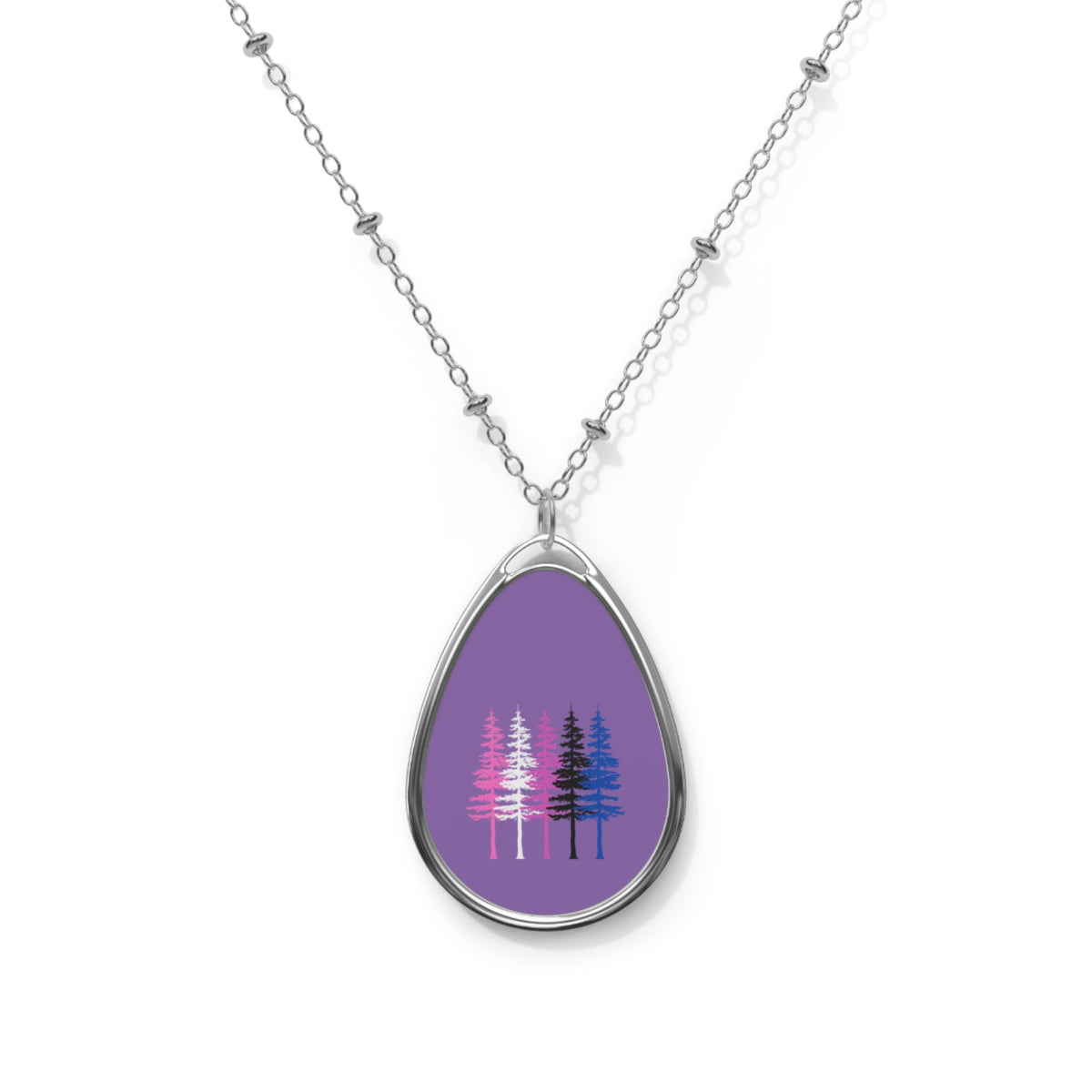 Genderfluid Pride Tree Oval Necklace — Purple Forest Teardrop Pendant