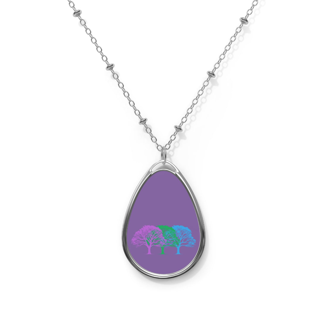 Polysexual Pride Oval Necklace — Purple Tree Trio Teardrop Pendant