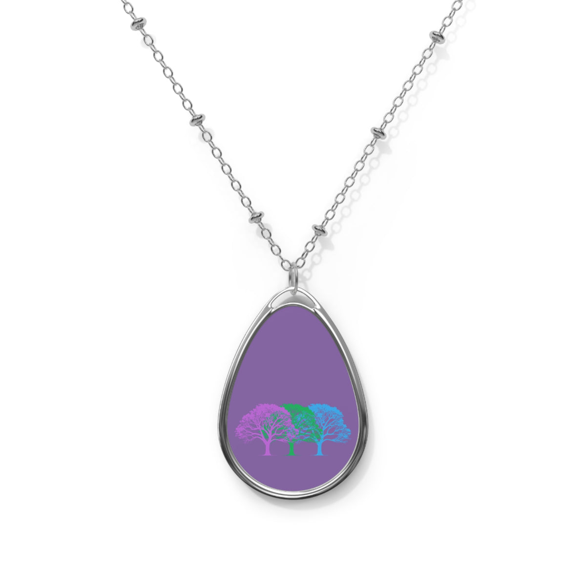 Polysexual Pride Oval Necklace — Purple Tree Trio Teardrop Pendant