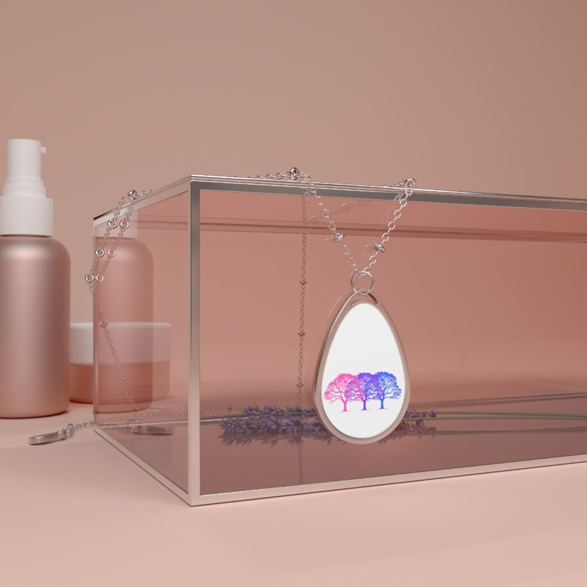 Bisexual Pride Tree Oval Necklace — Gradient Pink-to-Blue Pendant