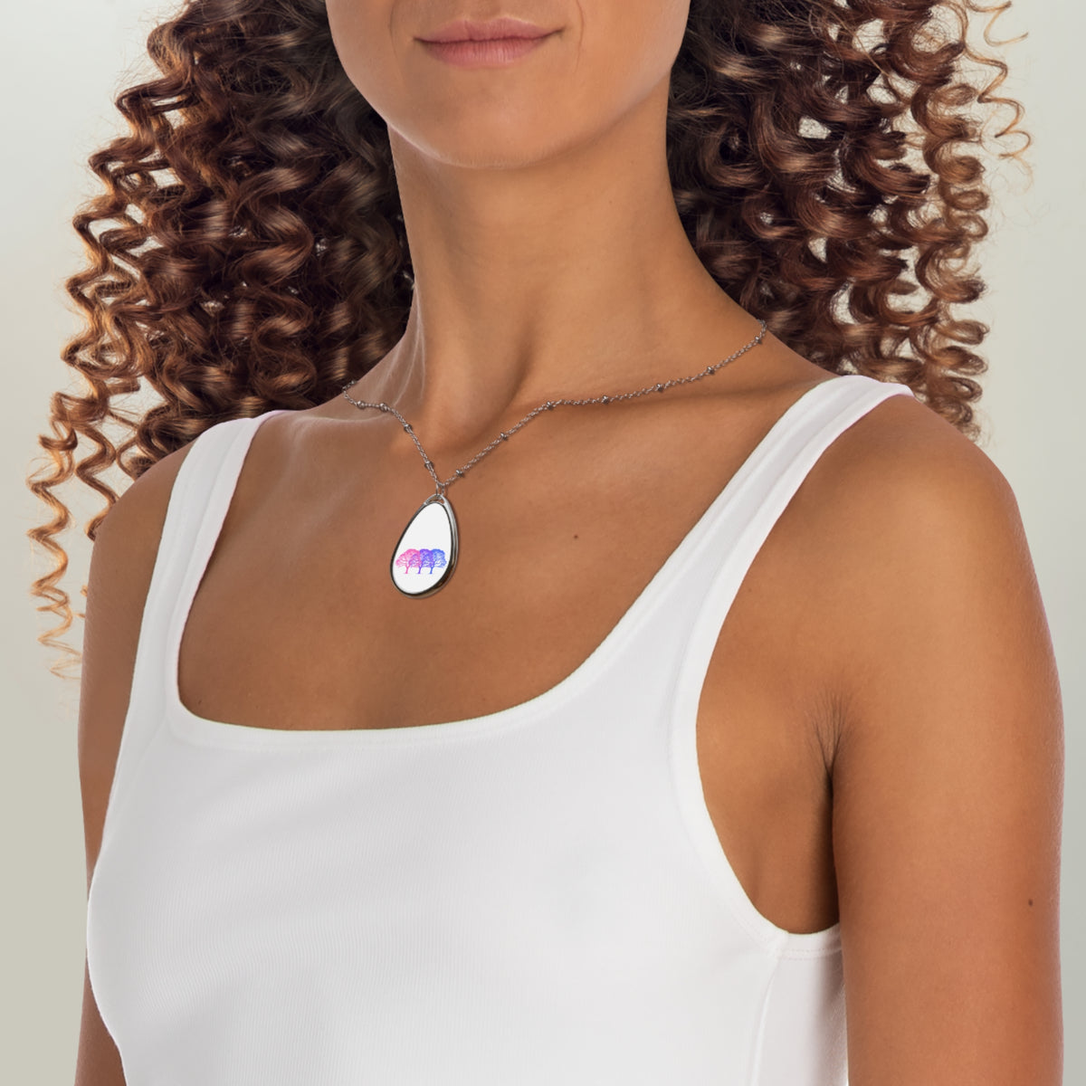 Bisexual Pride Tree Oval Necklace — Gradient Pink-to-Blue Pendant